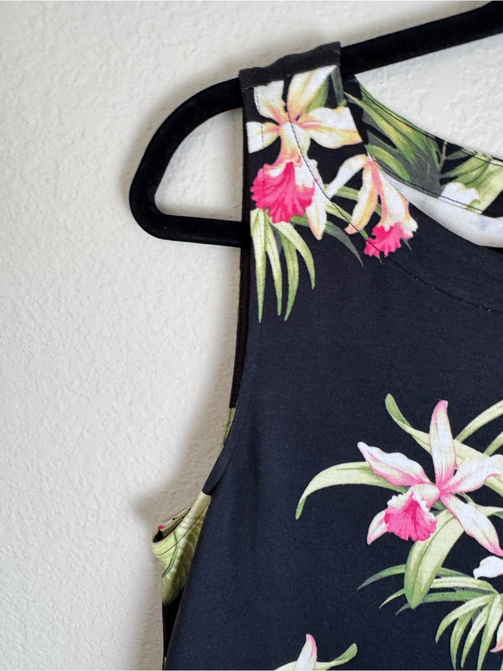 Tommy Bahama M Black Tropical Floral Shift Dress Sleeveless Knee Zip Stretch - Picture 4 of 12